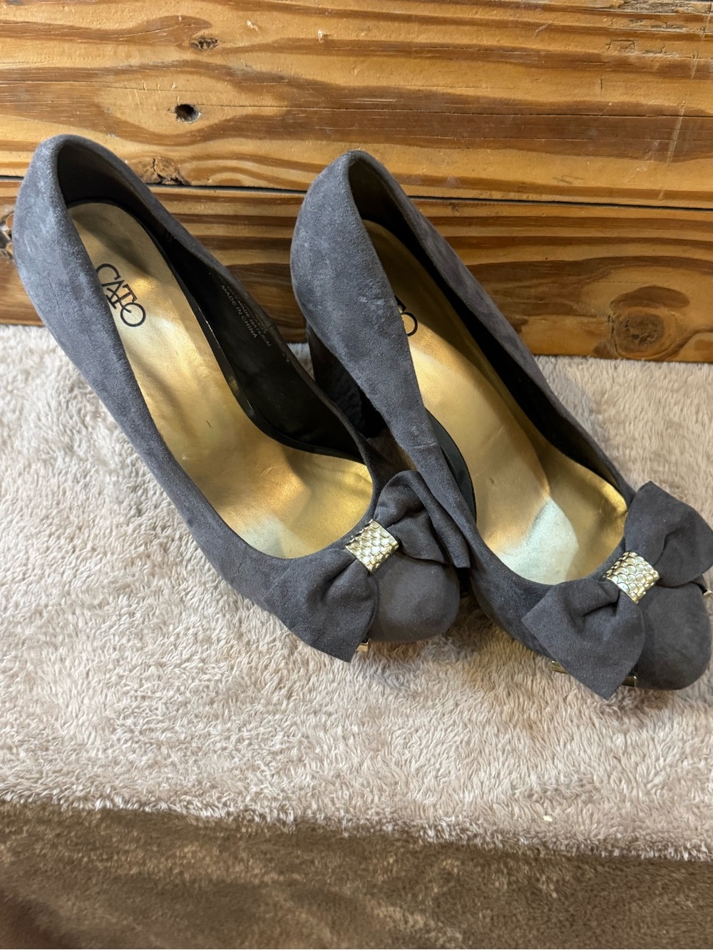 Cato Gray Suede Bow Pumps with Rhinestone Accent
